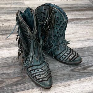 Corral green teal ankle cowboy boots with fringe and studs size 7